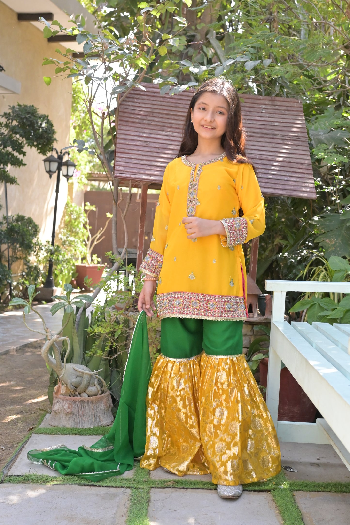 LC-A-511 | Yellow & Green | Formal 3 Pcs suit | Crinkle Chiffon With Lauraksi Fabric