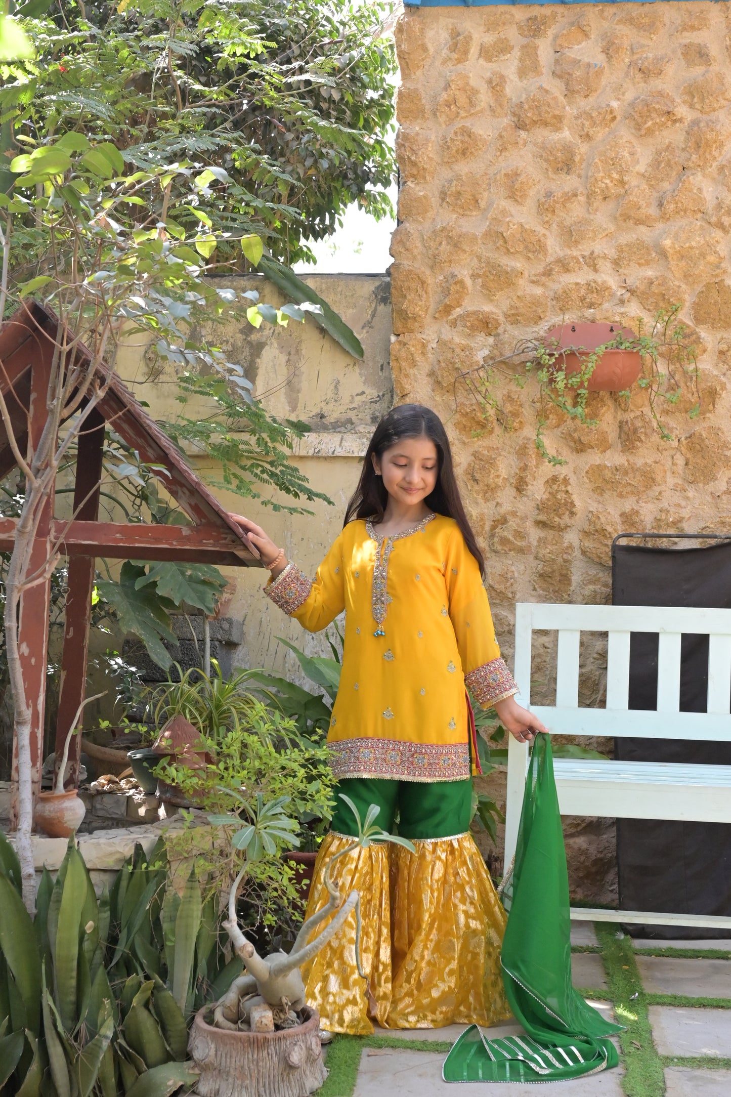 LC-A-511 | Yellow & Green | Formal 3 Pcs suit | Crinkle Chiffon With Lauraksi Fabric
