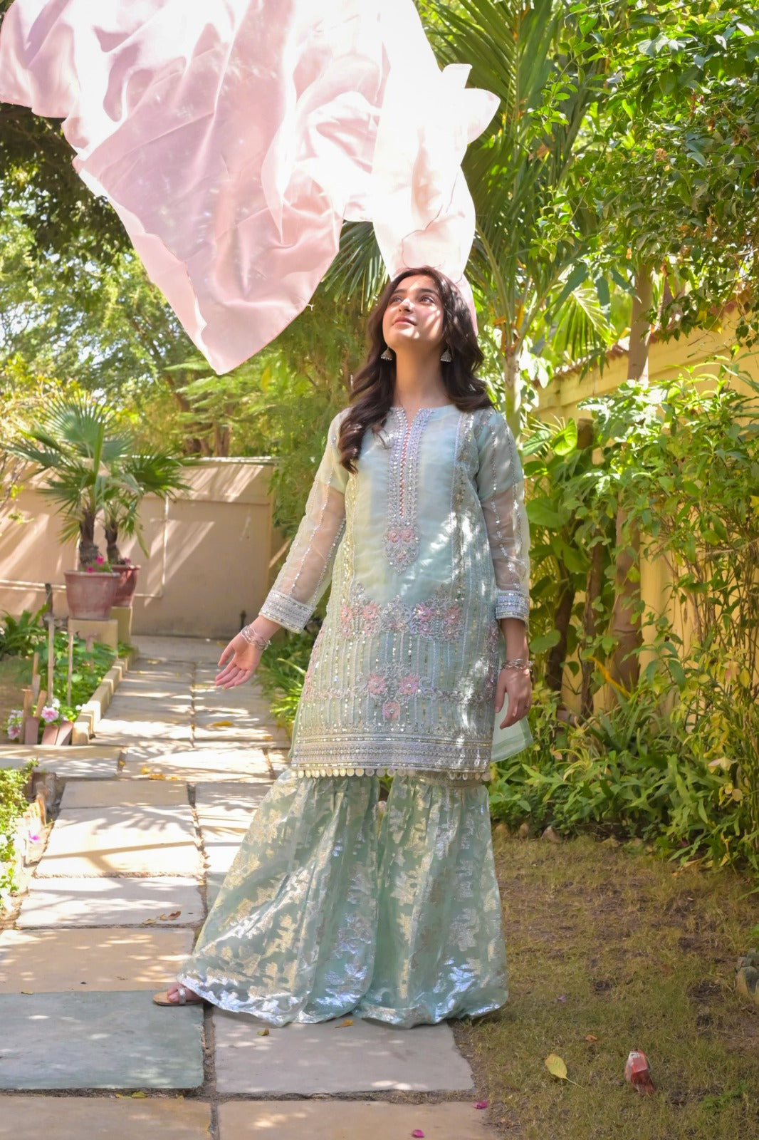 LC-A-445 | Formal 3 Pcs Suit | Sea-Green | Double Zari Organza