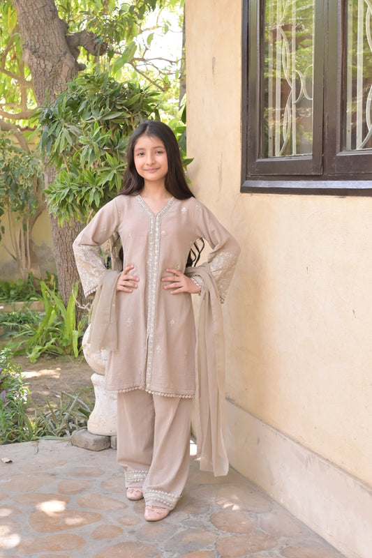 LC - 3121 | Casual 3 Pcs suit | Beige | Cotton Khaddar