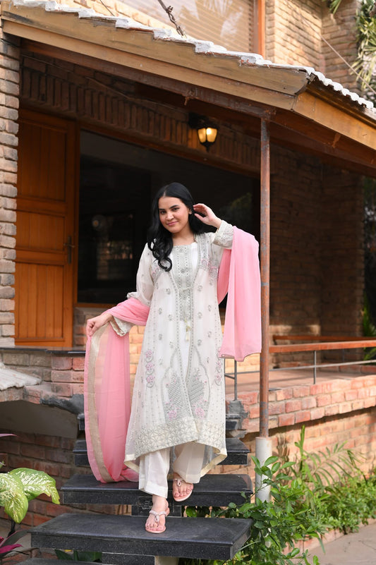 LC-5008 | Formal 3 Pcs Suit | Off-White & Pink | Basic [WeightLess] Crinkle
