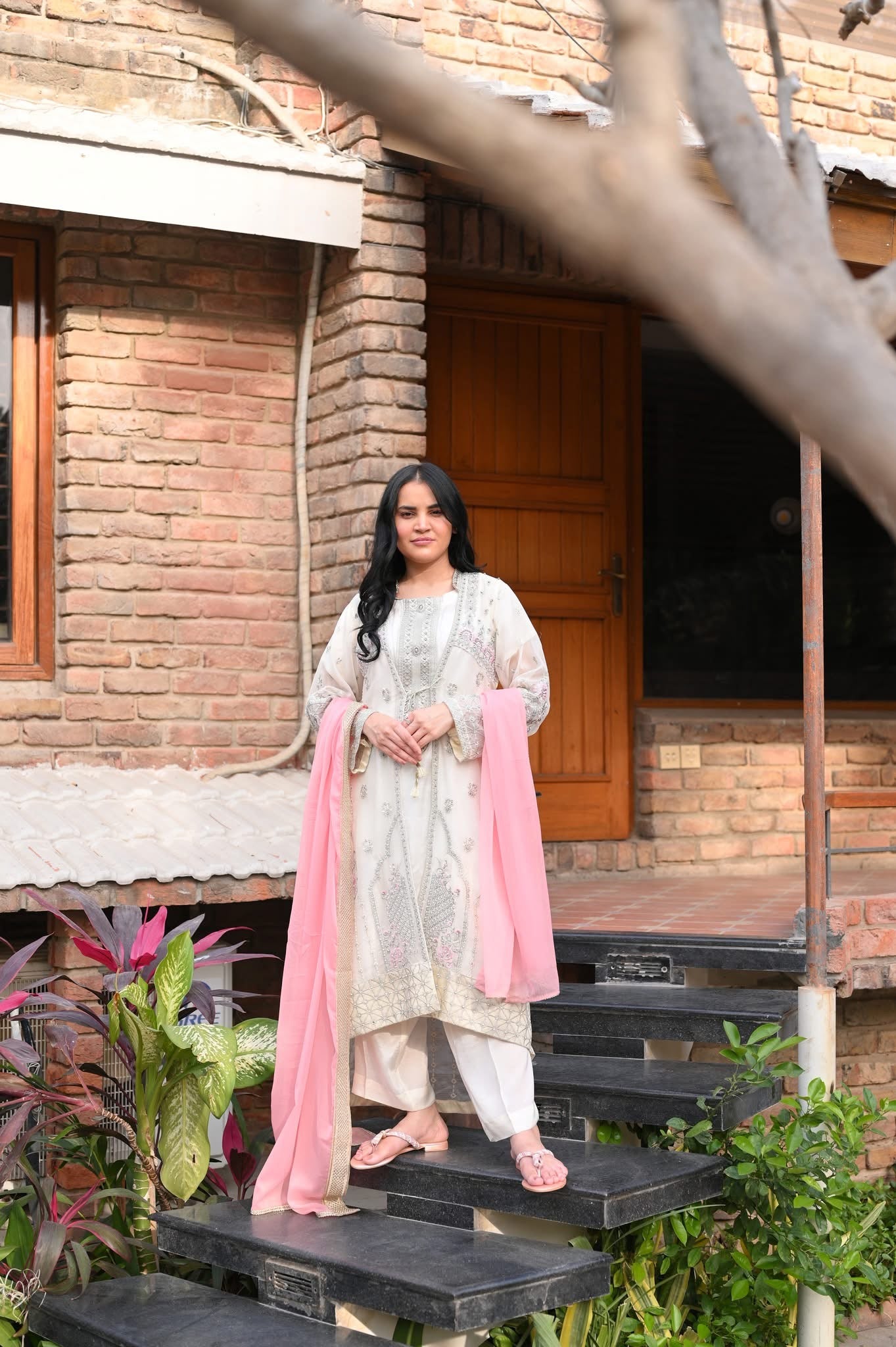LC-5008 | Formal 3 Pcs Suit | Off-White & Pink | Basic [WeightLess] Crinkle