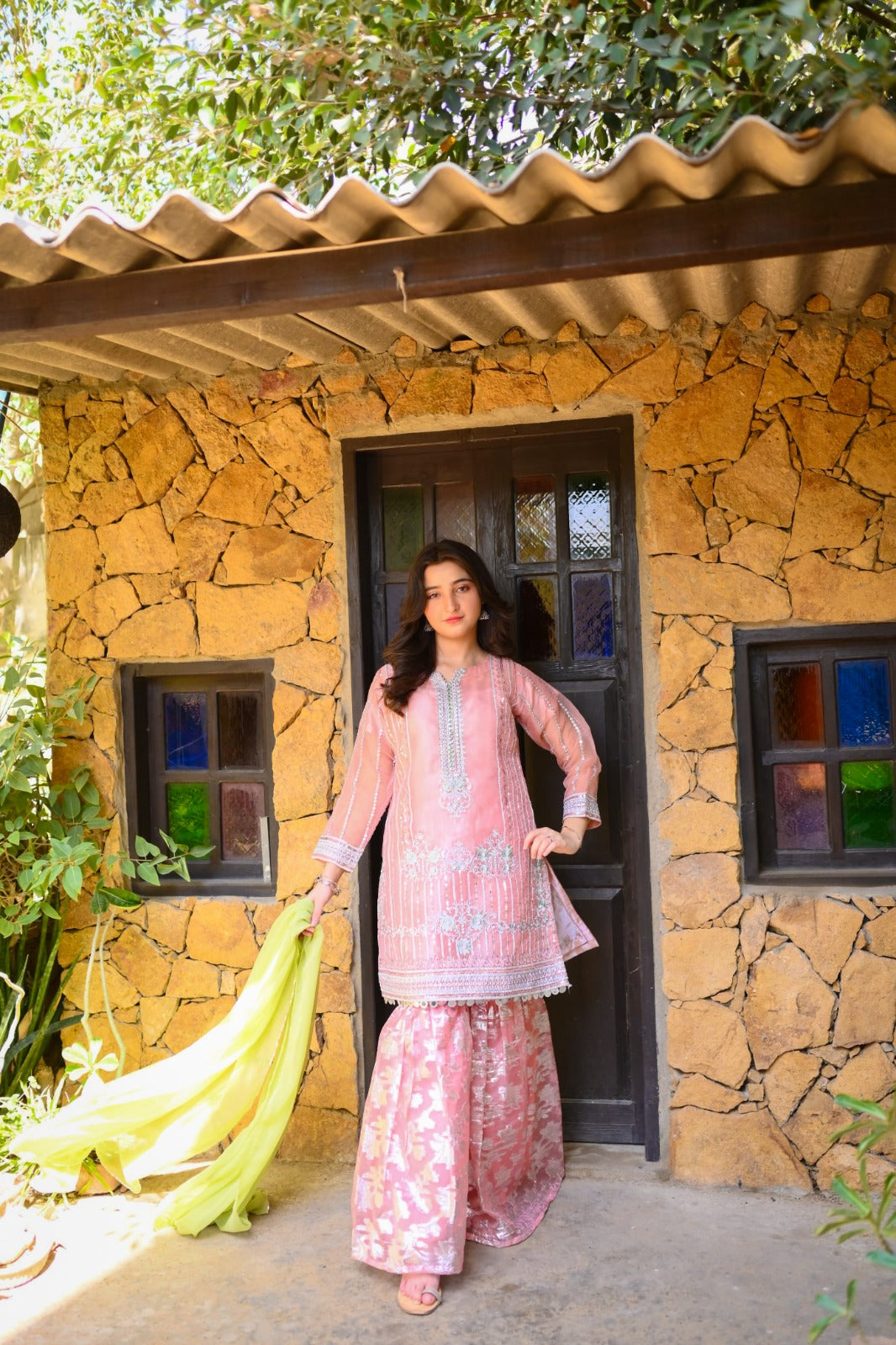LC-A-445 | Formal 3 Pcs Suit | T-Pink | Double Zari Organza