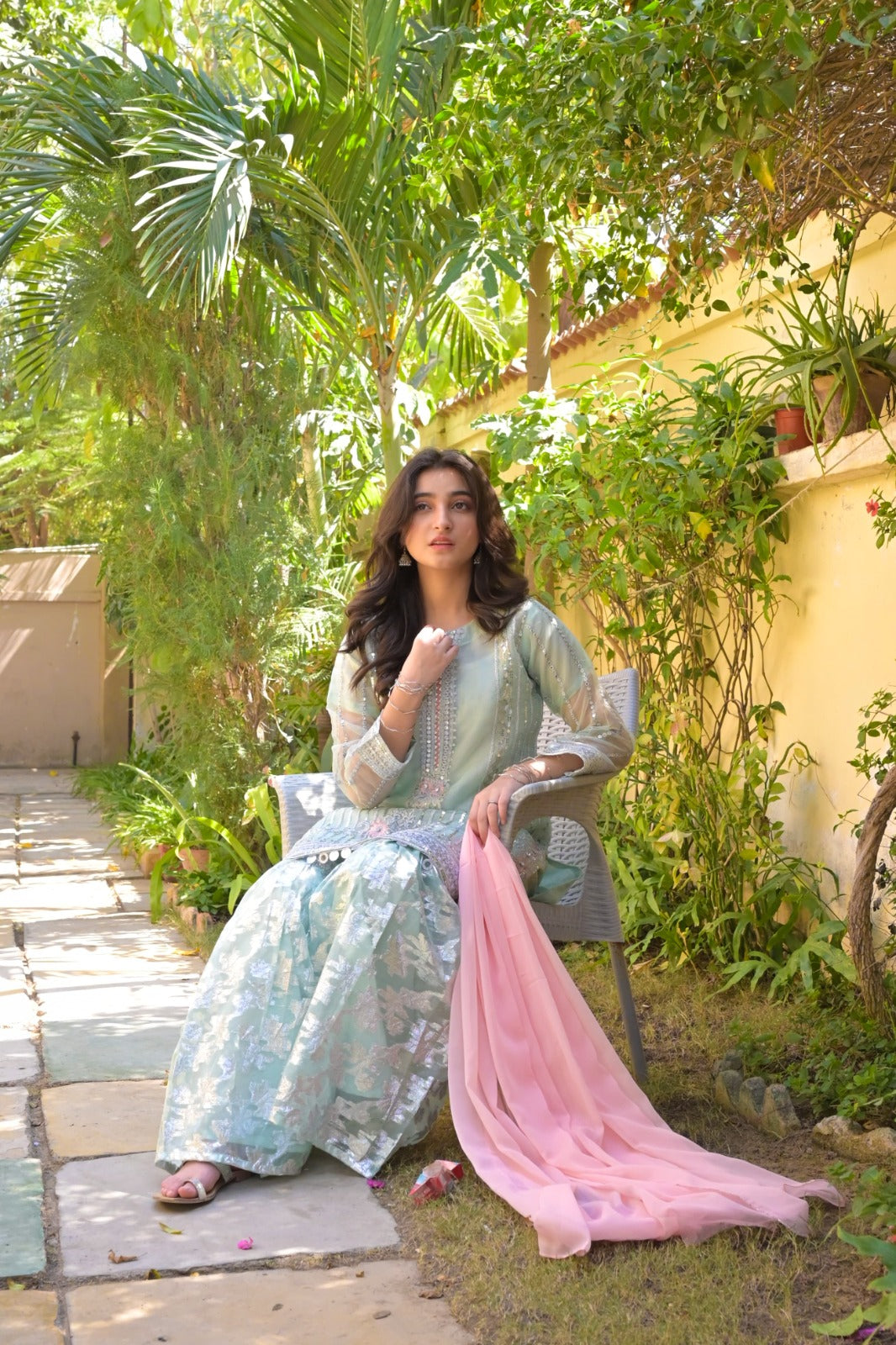 LC-A-445 | Formal 3 Pcs Suit | Sea-Green | Double Zari Organza