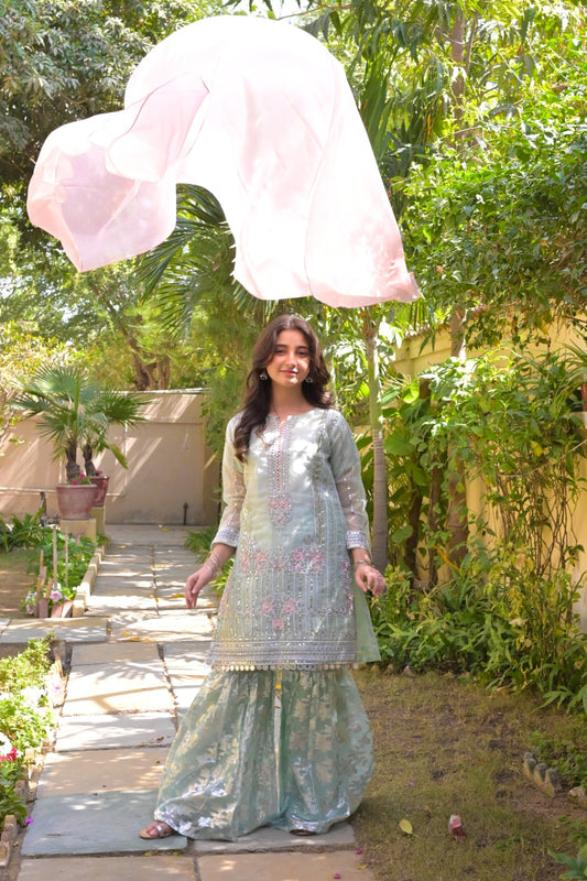 LC-A-445 | Formal 3 Pcs Suit | Sea-Green | Double Zari Organza