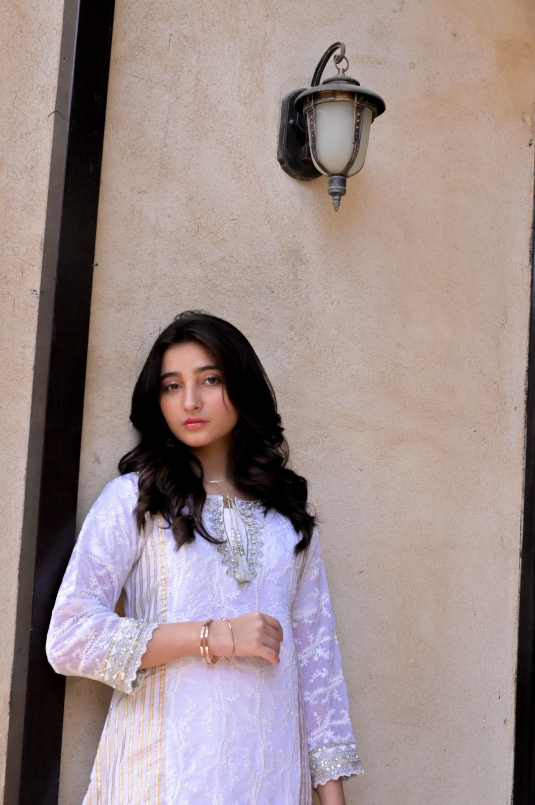 LC-A-508  | White & Gold | Formal 3 Pcs Suit | Basic [Weightless] Chiffon