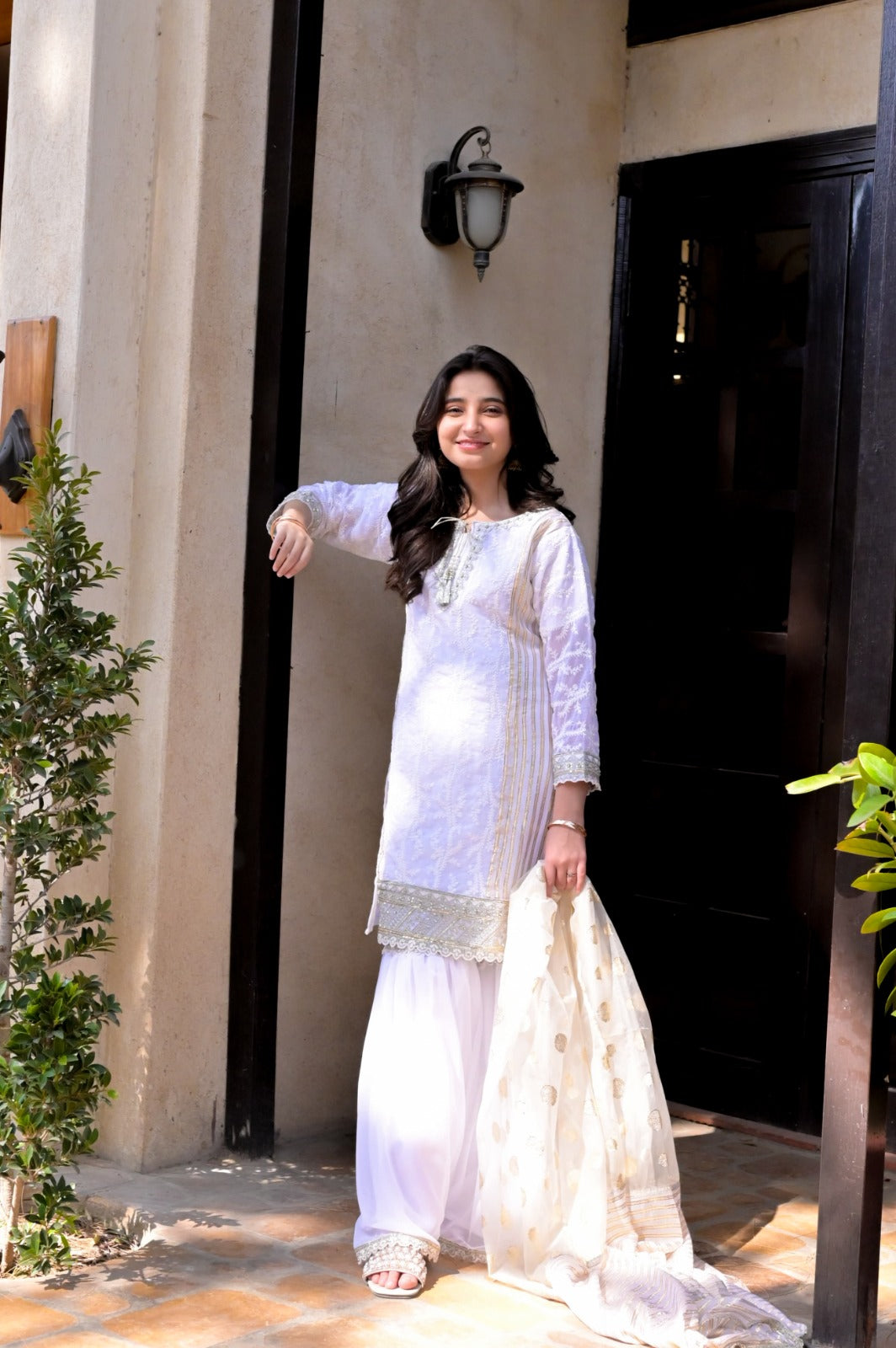 LC-A-508  | White & Gold | Formal 3 Pcs Suit | Basic [Weightless] Chiffon