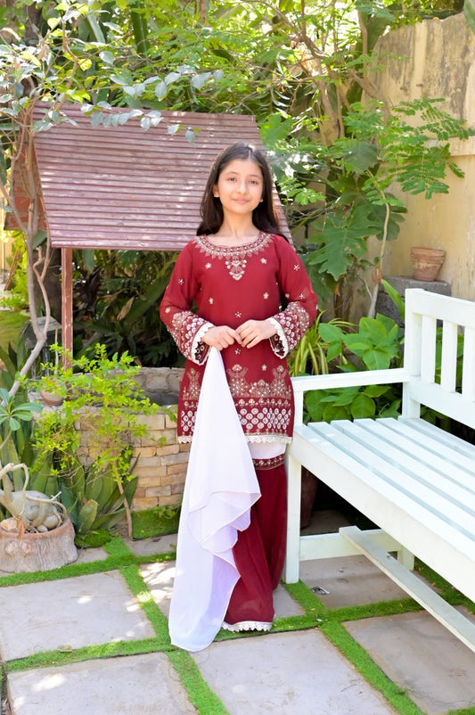 LC-A-515 | Mehroon & White | Formal 3 Pcs Suit | Basic [Weightless] Chiffon