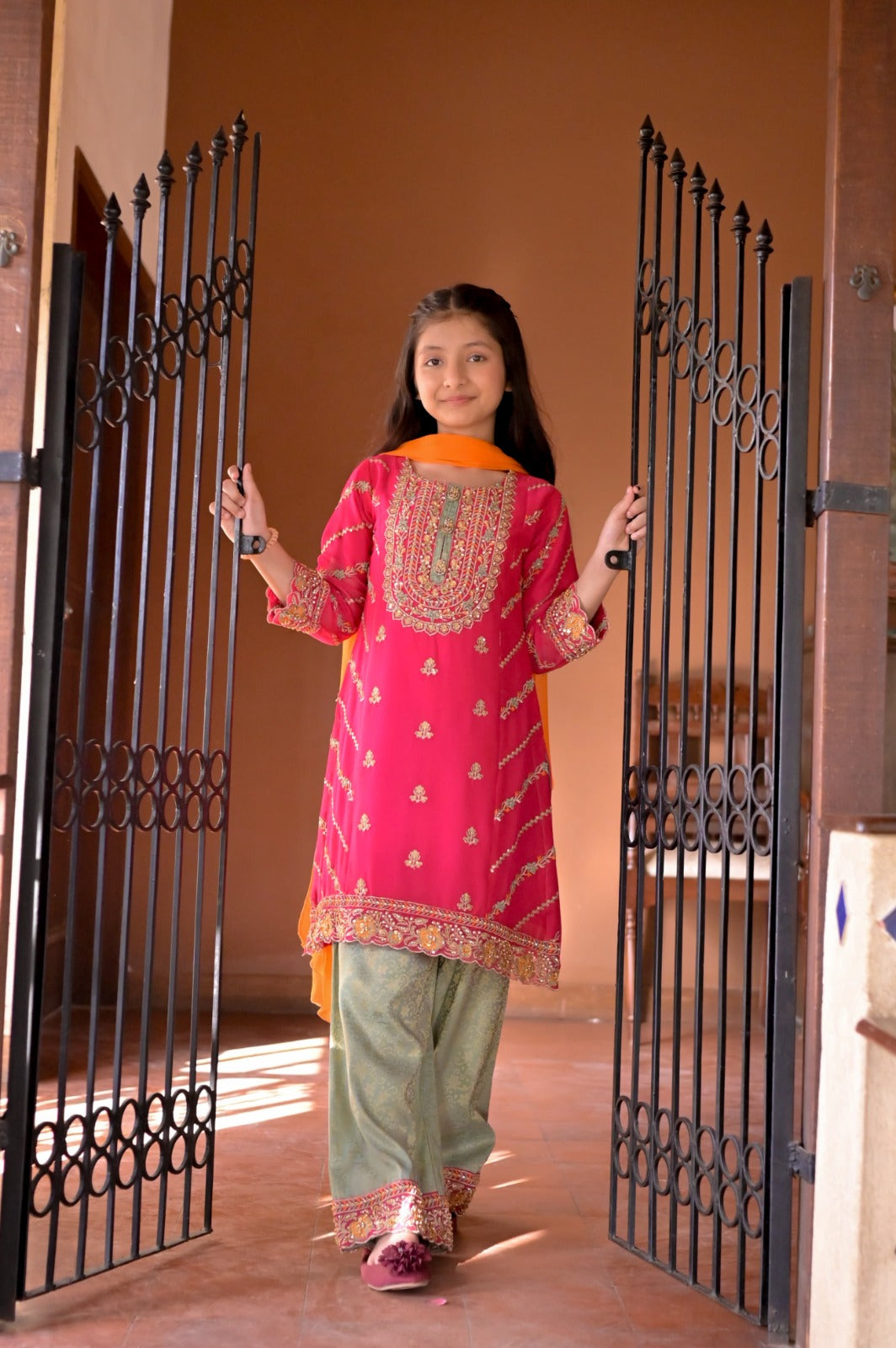 LC-A-520 | Formal 3 Pcs Suit | Pink & Pista Green | Basic [Weightless] Chiffon With Cotton Jamawaar