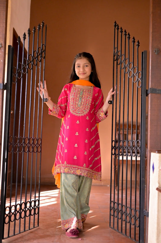 LC-A-520 | Formal 3 Pcs Suit | Pink & Pista Green | Basic [Weightless] Chiffon With Cotton Jamawaar
