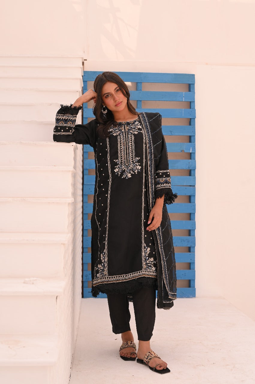 LC-5002 | Formal 3 Pcs Suit | Black | Self Organza