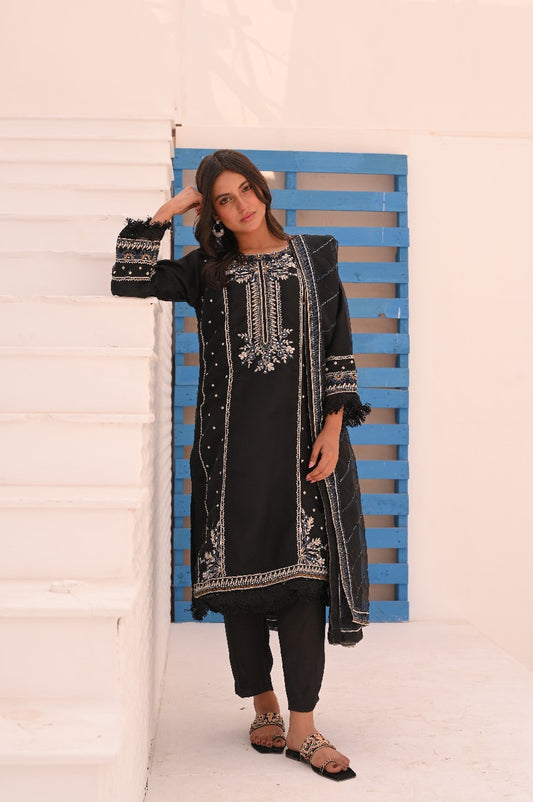 LC-5002 | Formal 3 Pcs Suit | Black | Self Organza