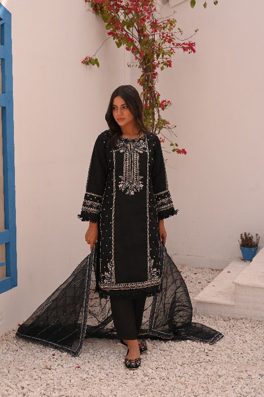 LC-5002 | Formal 3 Pcs Suit | Black | Self Organza