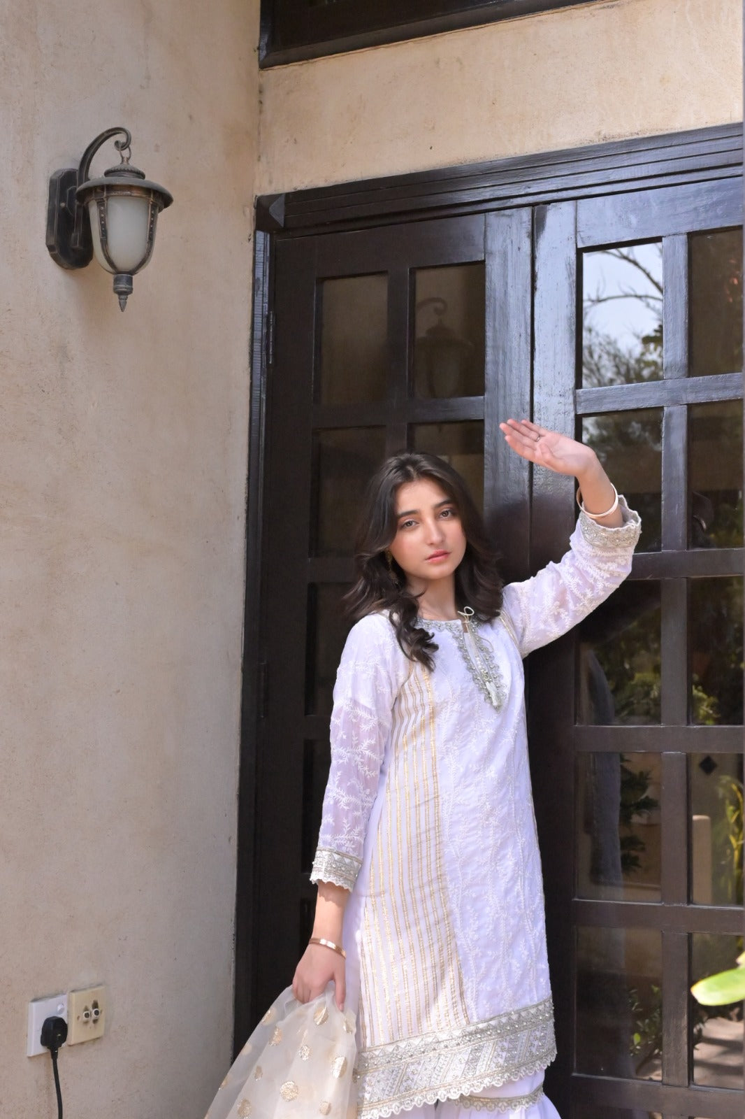 LC-A-508  | White & Gold | Formal 3 Pcs Suit | Basic [Weightless] Chiffon