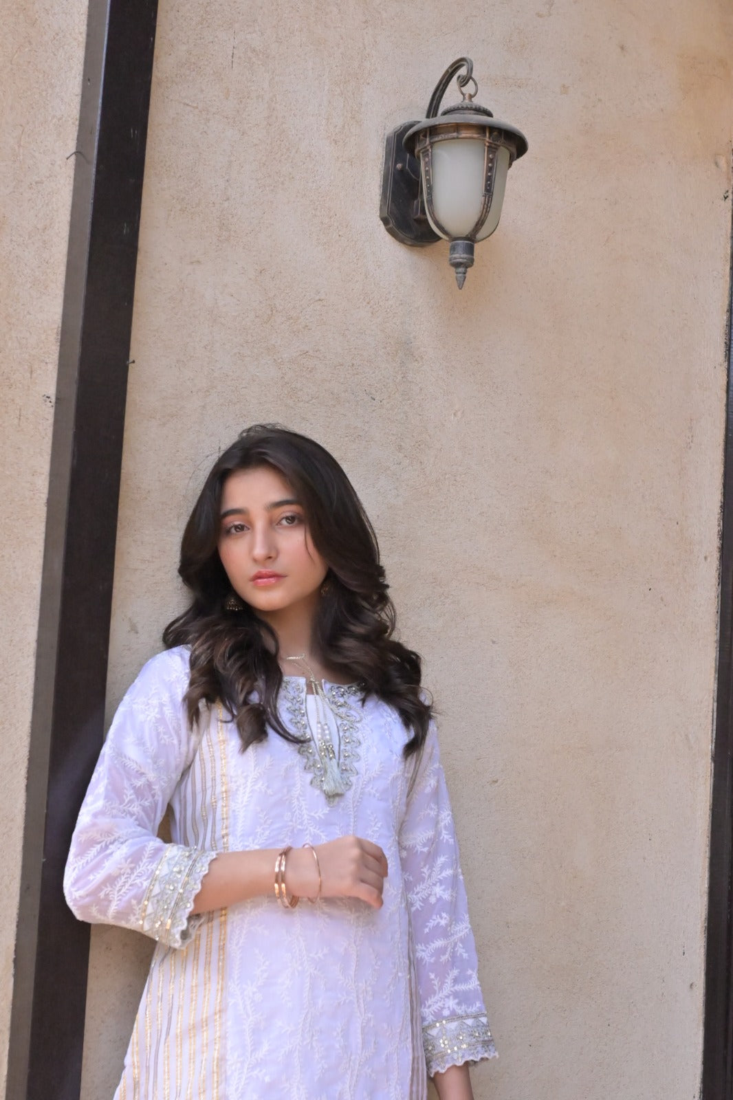 LC-A-508  | White & Gold | Formal 3 Pcs Suit | Basic [Weightless] Chiffon