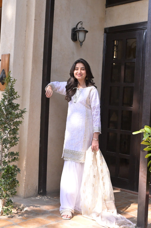 LC-A-508  | White & Gold | Formal 3 Pcs Suit | Basic [Weightless] Chiffon